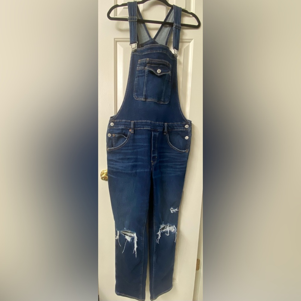 American Eagle Outfitters Dark Blue Distressed Denim Overalls